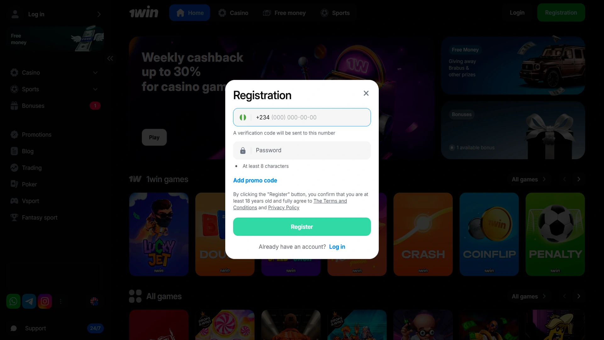 Create a new player account on 1win platform.