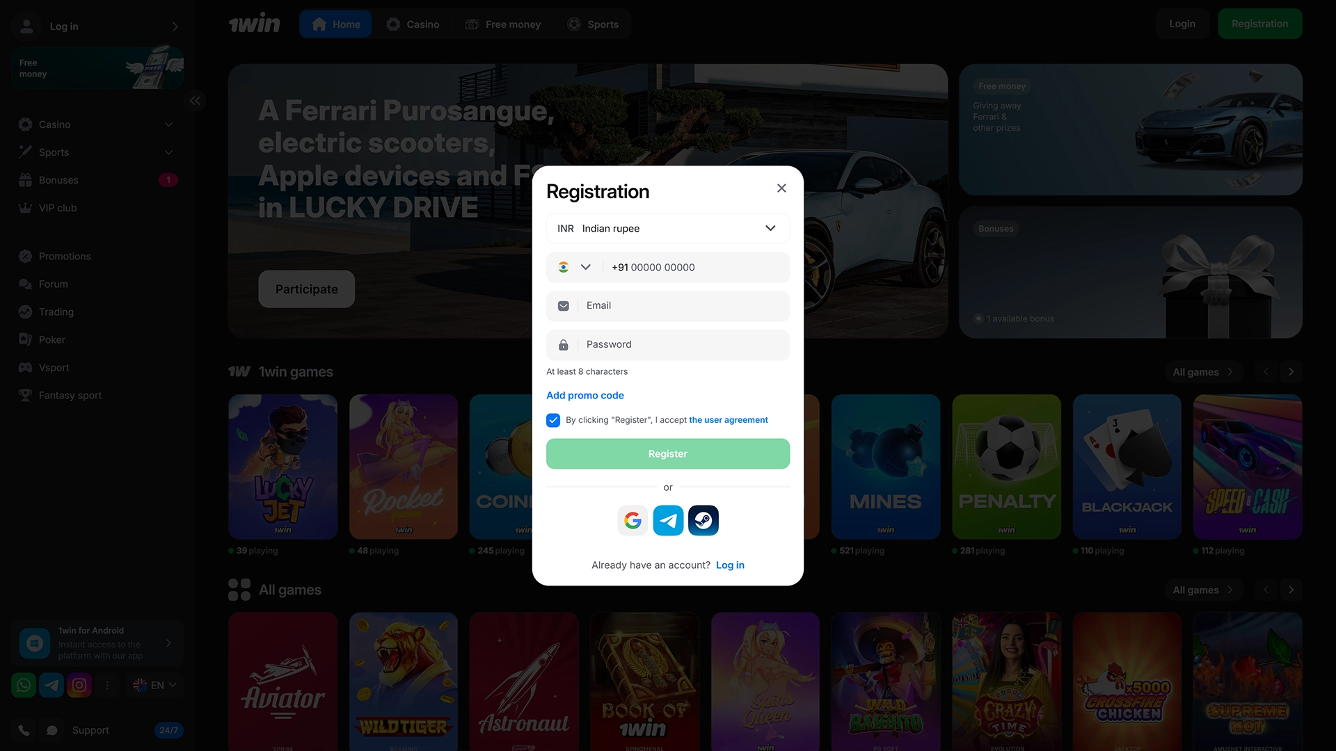 Create a new player account on 1win platform.