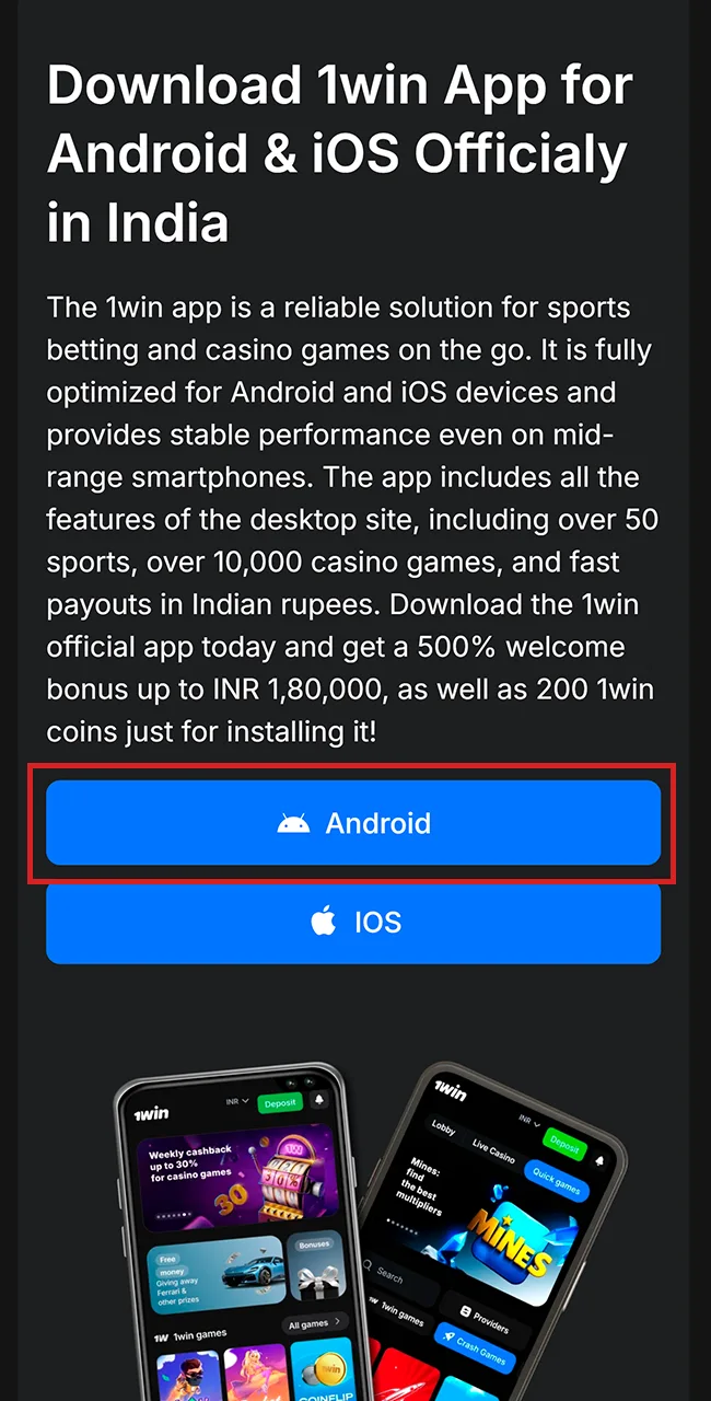 Get the official 1win APK file here.