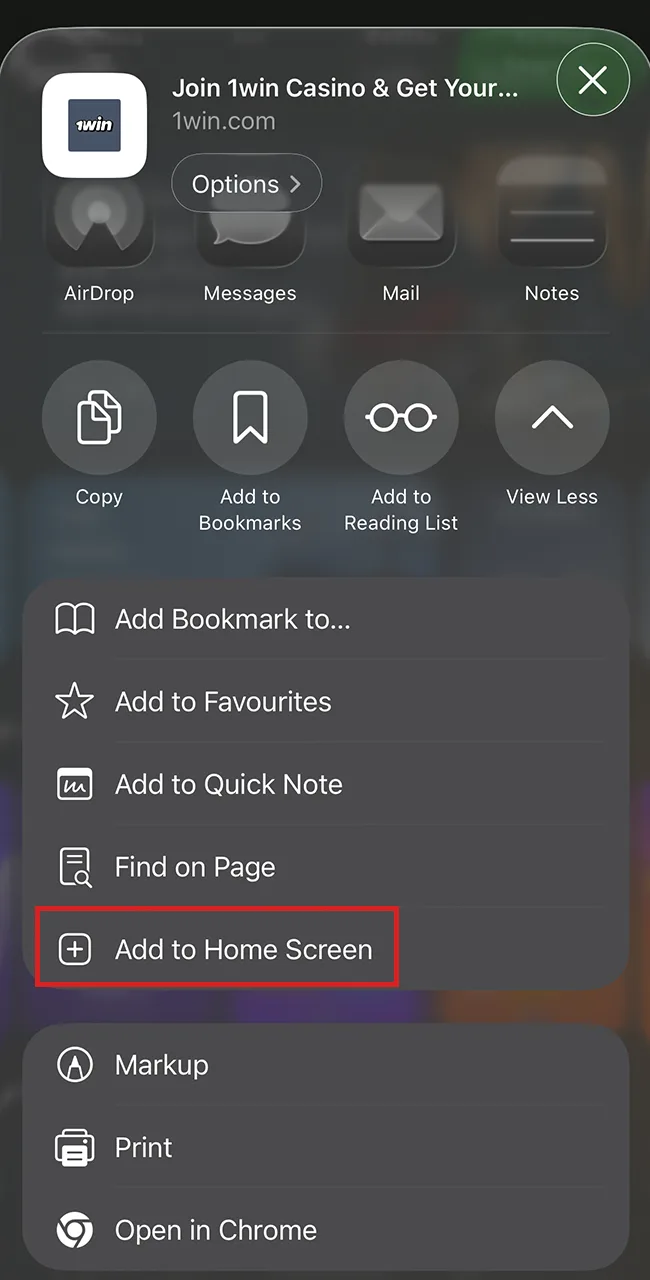 Add official 1win to your home screen.