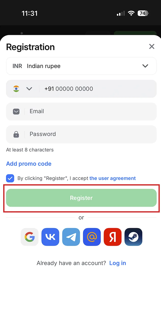 Sign in through the official 1win app.