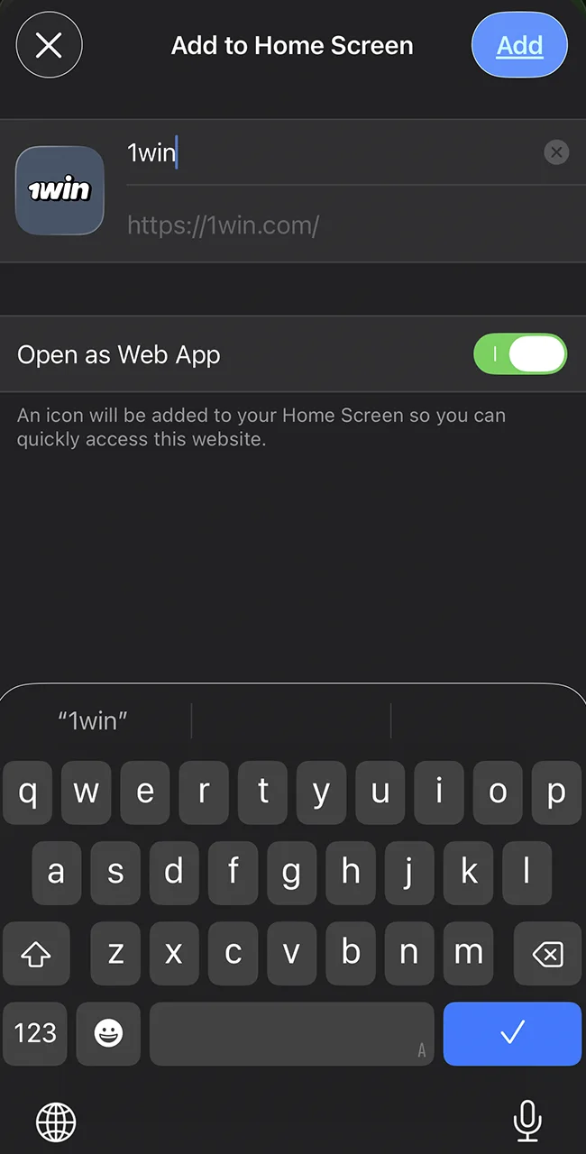 Confirm the app addition on official 1win website.