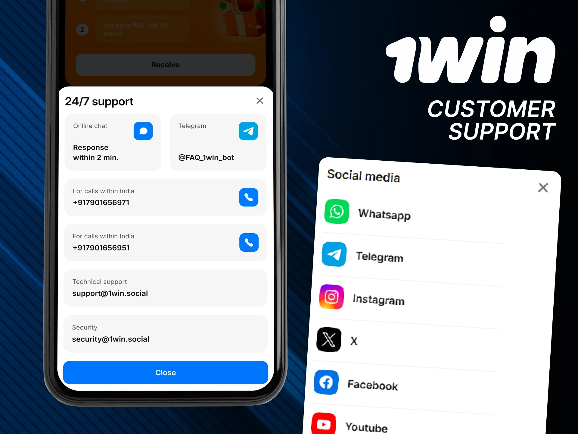Contact official 1win support via the app.