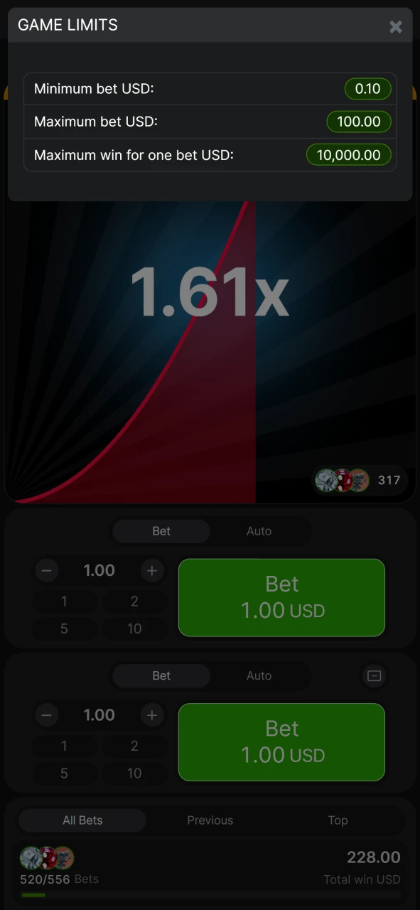 There are limits for bets in the Aviator game from 1 win.