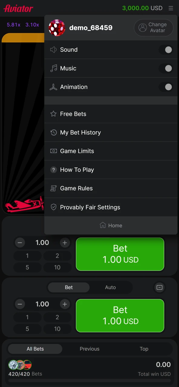 The game Aviator from 1win has a user menu.