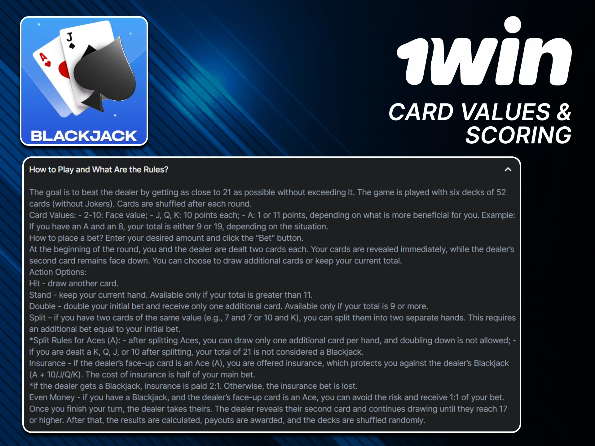 We recommend studying the card layout for winning in Blackjack from 1 win.