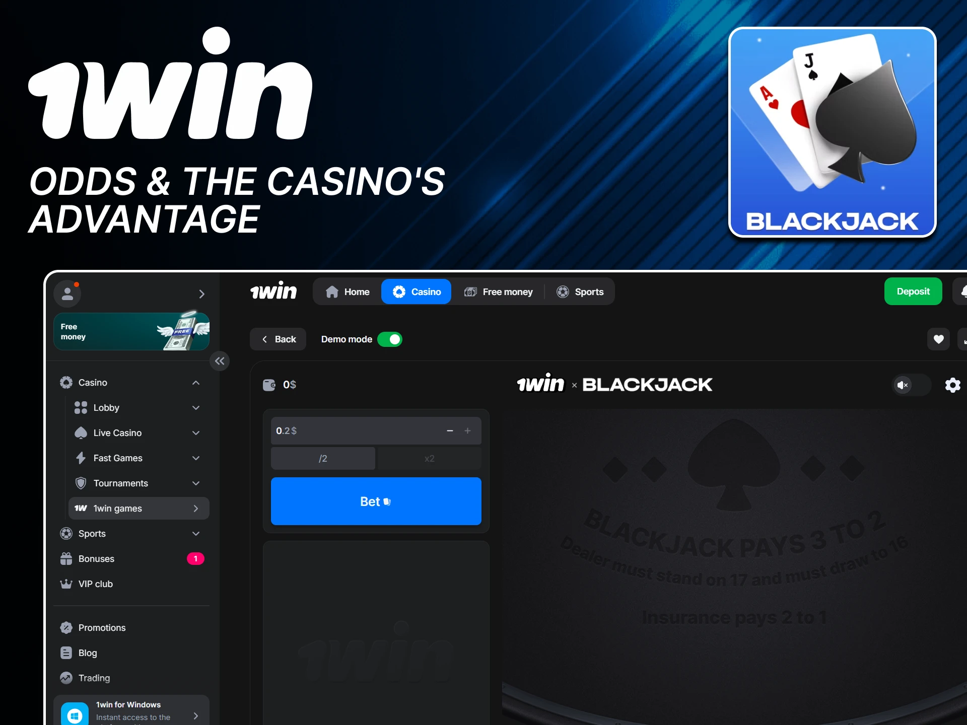 The best odds for winning in Blackjack at 1 win.