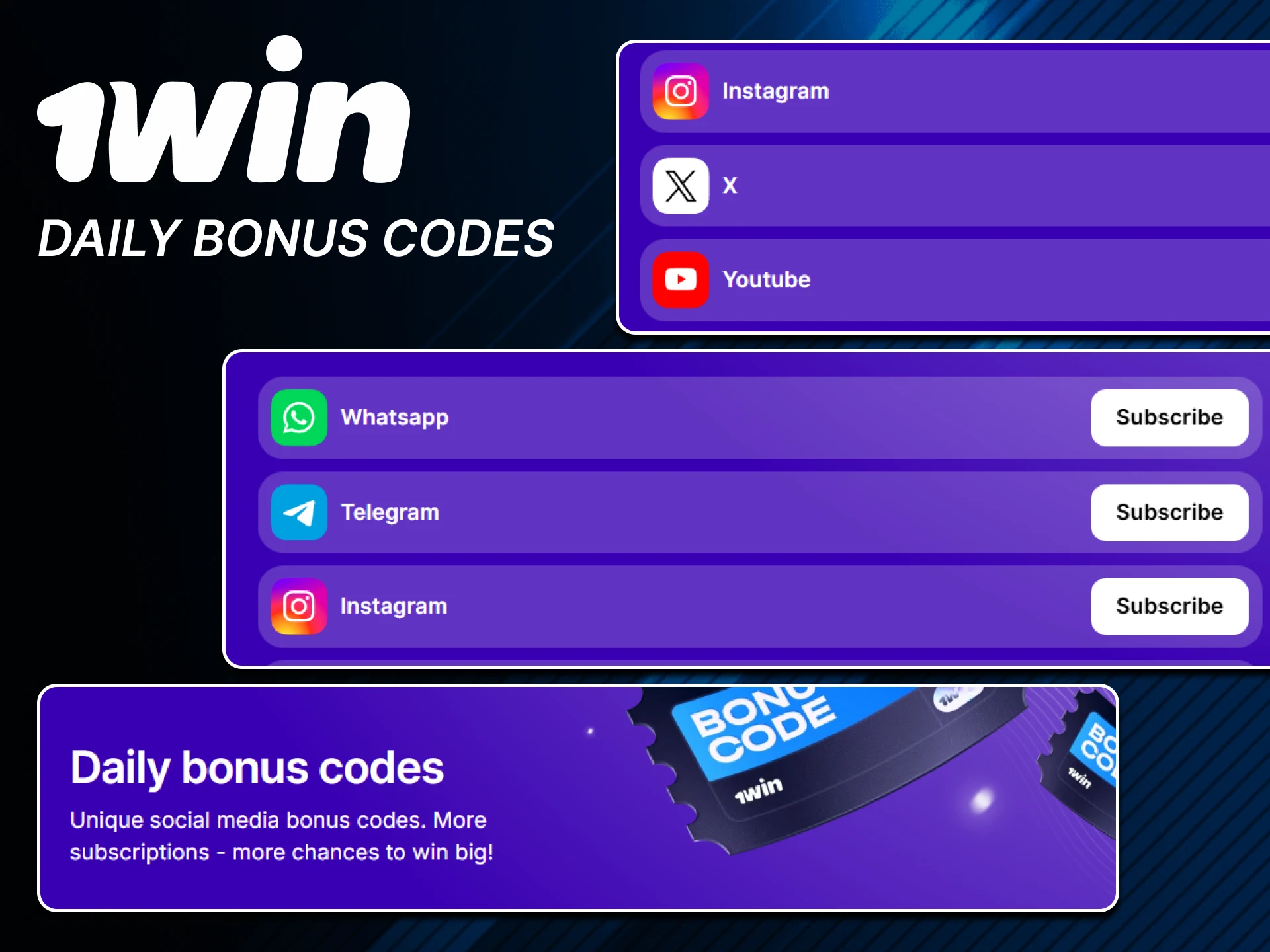 1win gives out bonus codes daily on social networks.