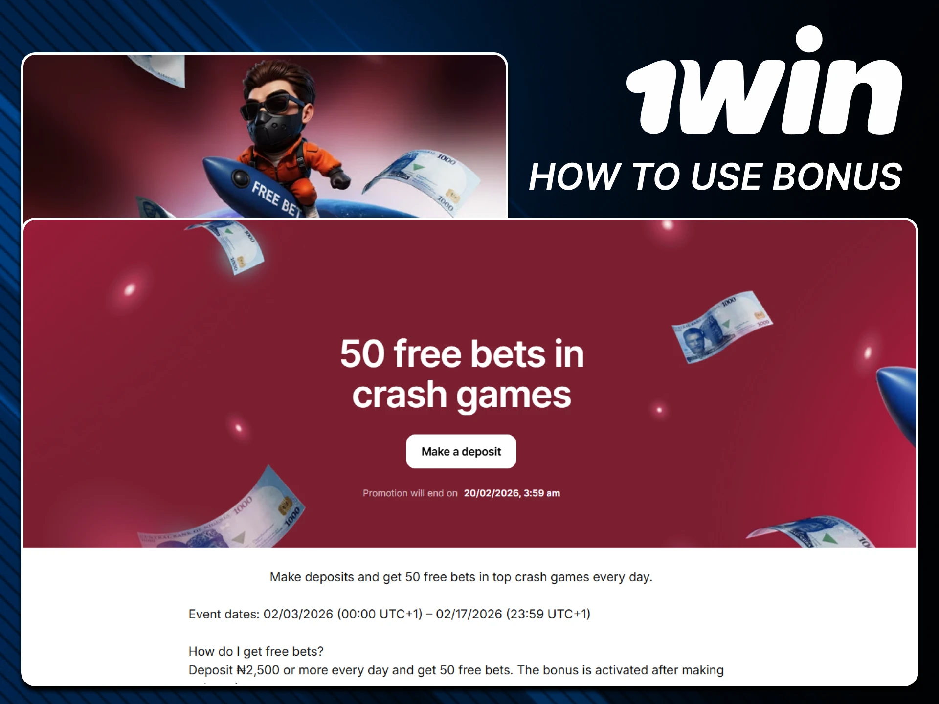 Take just a few steps to activate the 1win bonus.