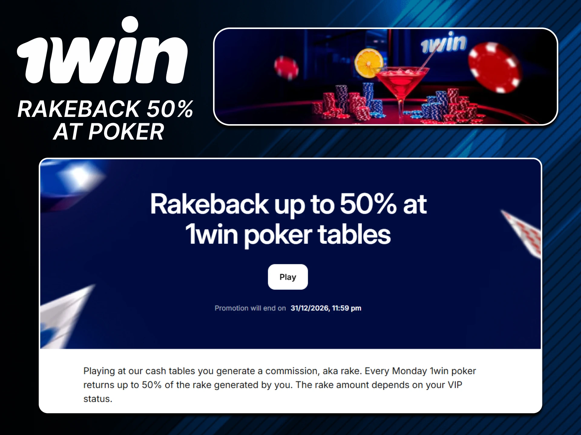 Earn 50% poker rakeback on the official 1win site.