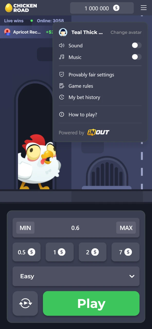 The menu contains functionality for the Chicken Road game from 1 win.