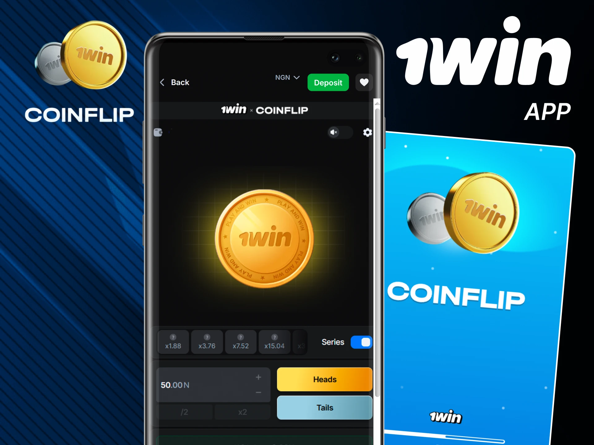 Play the Coin Flip game in the 1win app on your phone.
