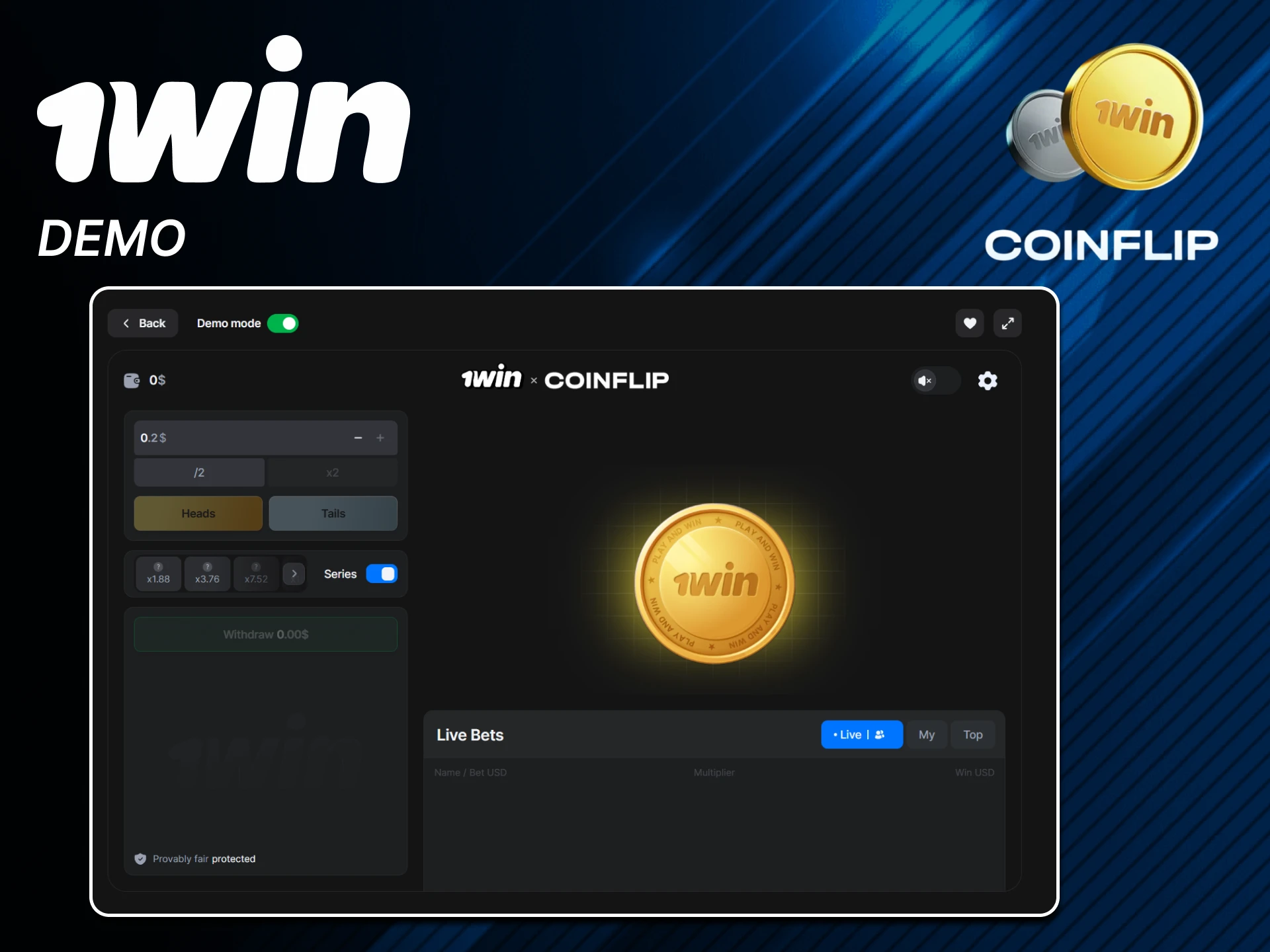 Use the free version of the Coin Flip game from 1win.