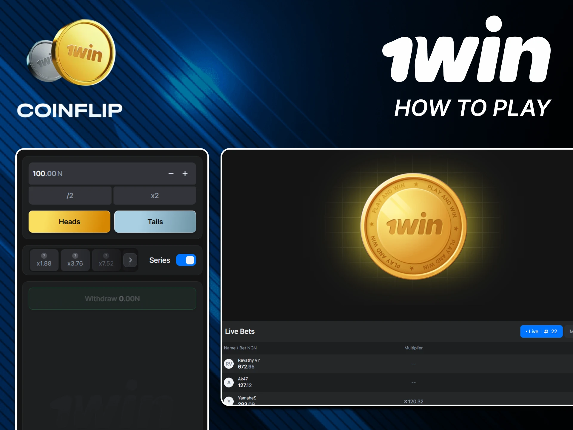 Playing Coin Flip is very easy at 1win.