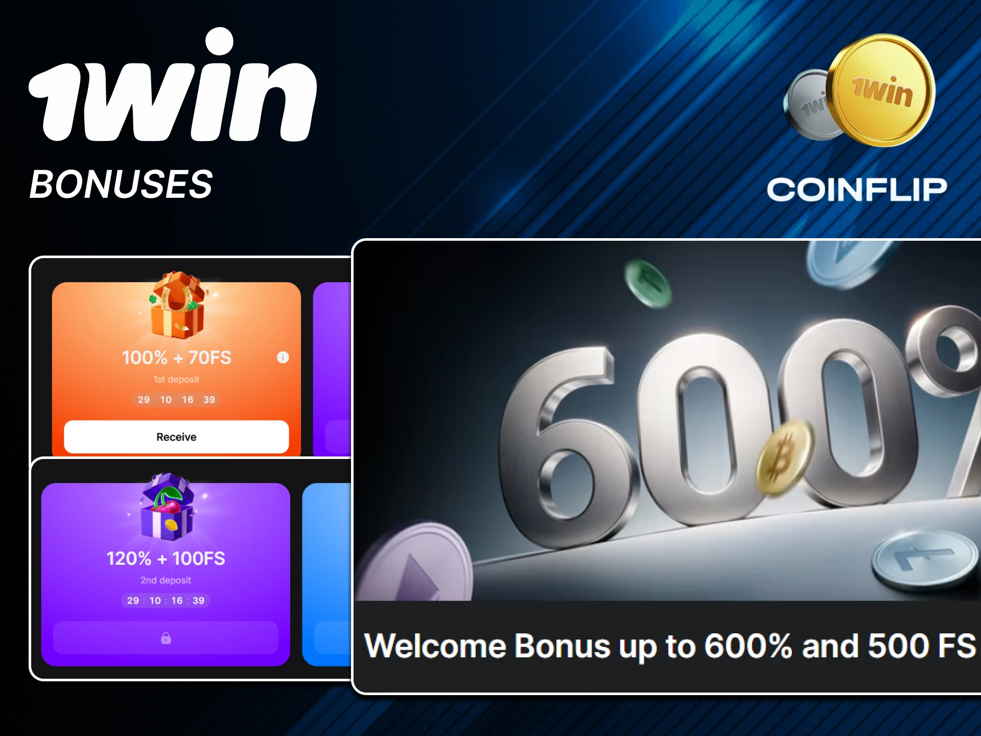 Claim Coin Flip bonuses on official 1win website.