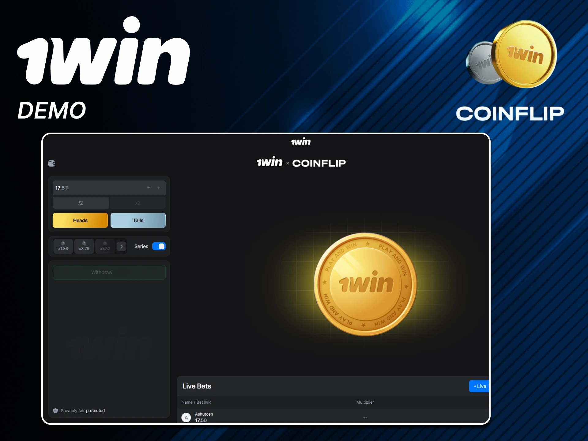 Play the official 1win Coin Flip demo for free.