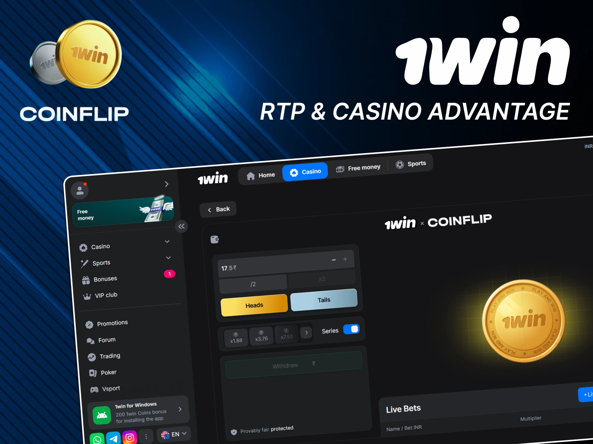 Check Coin Flip RTP on official 1win website.