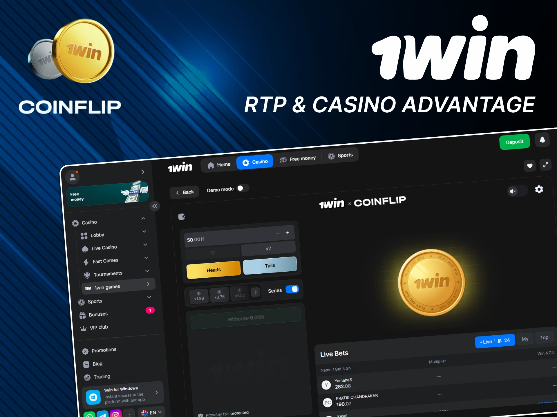 You have a great chance of beating 1win in the Coin Flip game.