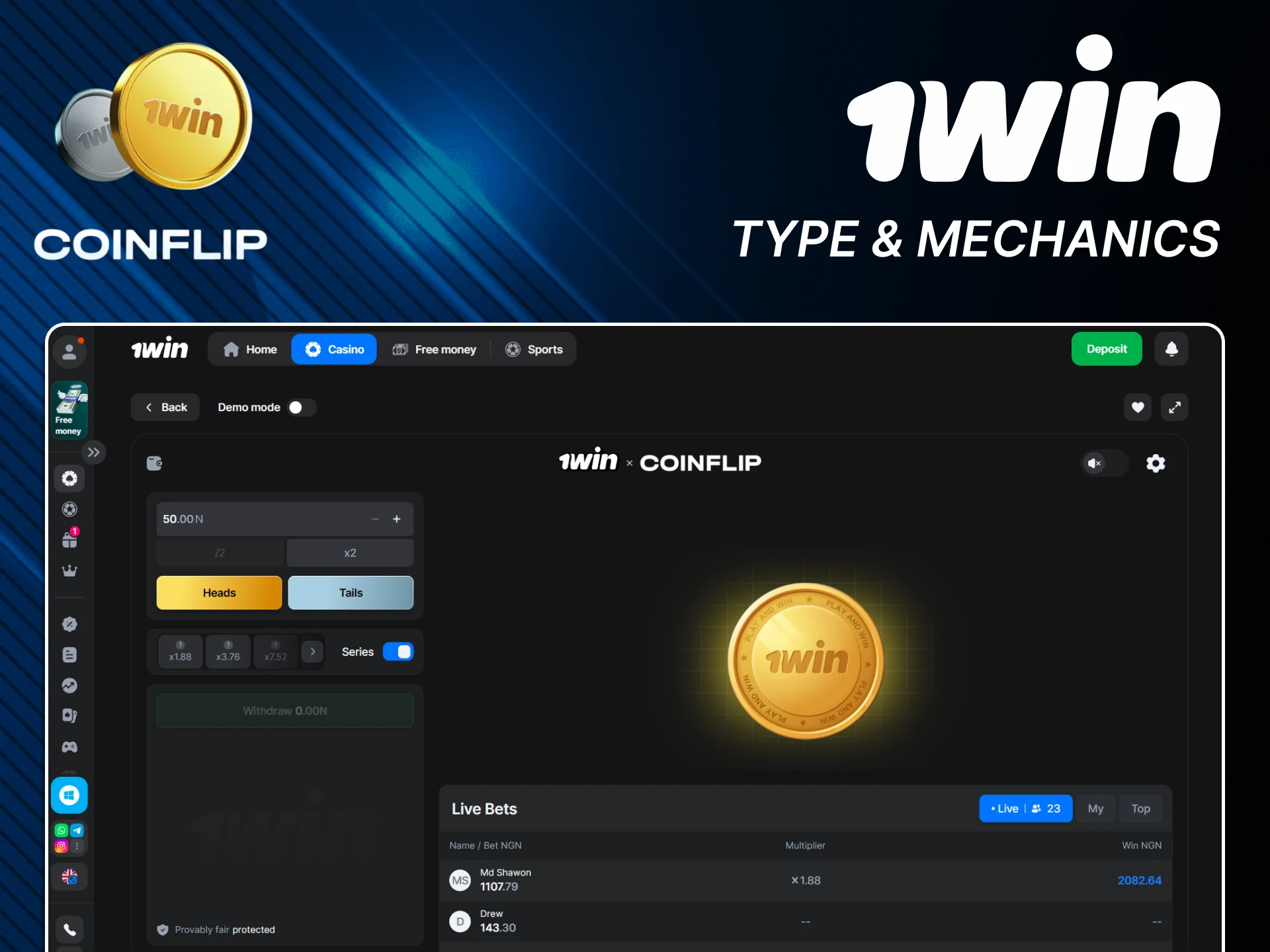 The mechanics of the Coin Flip game from 1win are very simple.