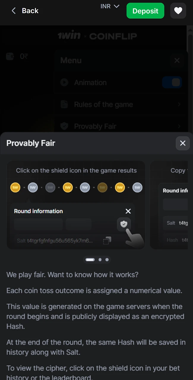 Verify game results with 1win Provably Fair technology.