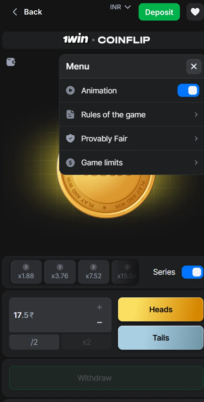 Access all game settings via the 1win menu.