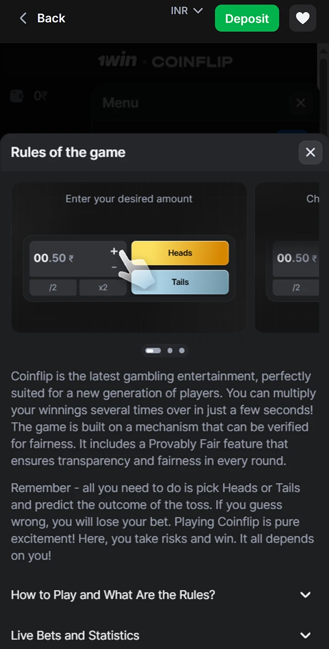 View official 1win Coin Flip rules before playing.