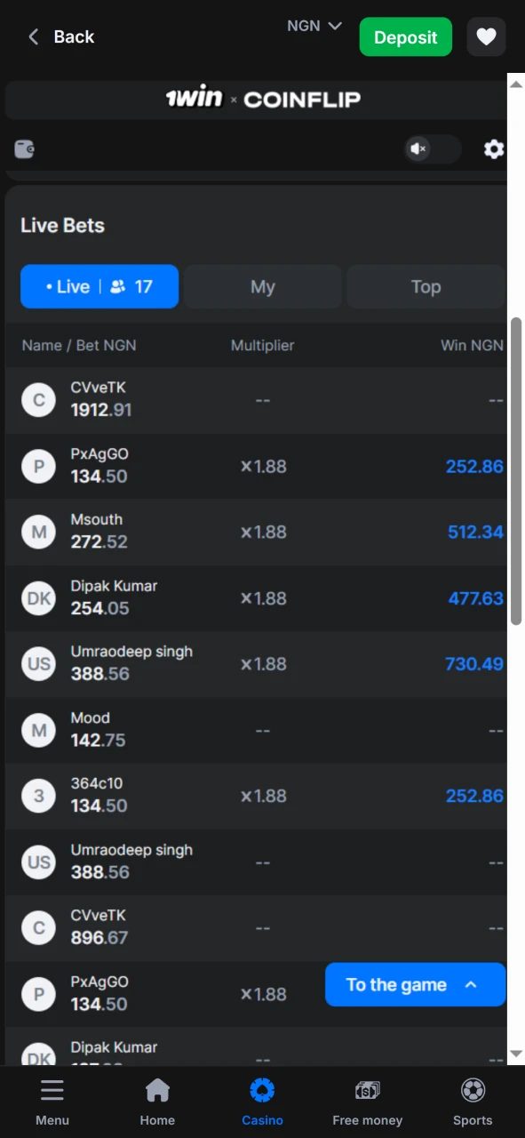 Watch players' bets in Coin Flip from 1win.