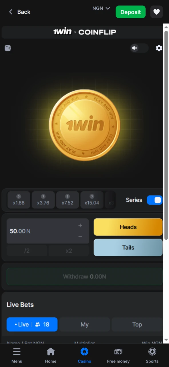 Start playing Coin Flip from 1win.