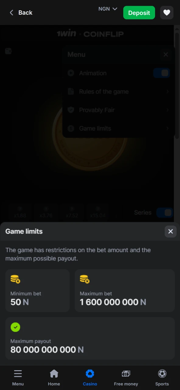 You can find out about the limits in the Coin Flip game at 1win.