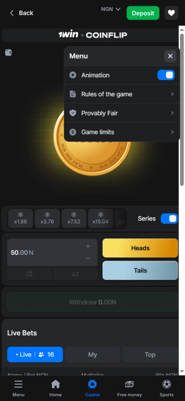 Open the Coin Flip game menu from 1win.