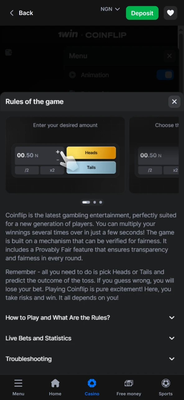 The game also provides Coin Flip rules from 1win.