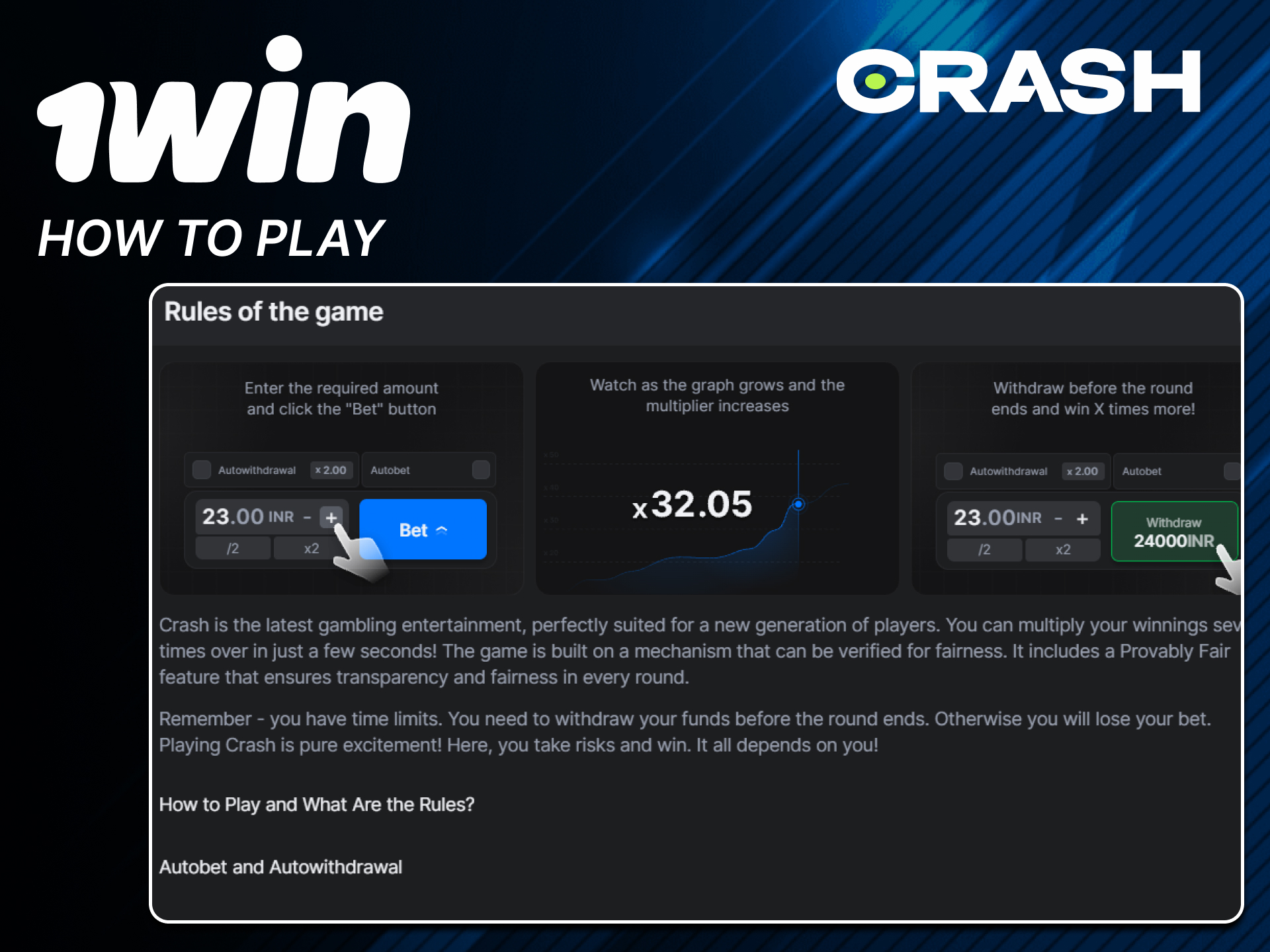 Learn how to play official 1win Crash now.