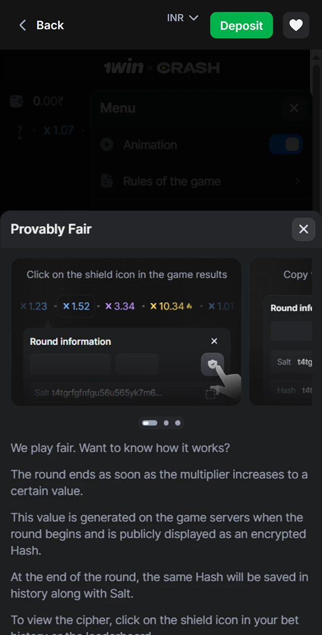 Verify official 1win game fairness with Provably Fair.