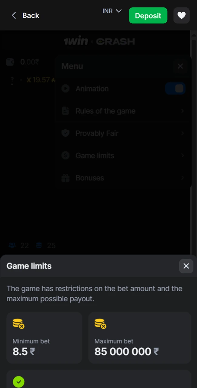 Check official 1win betting limits for Crash games.