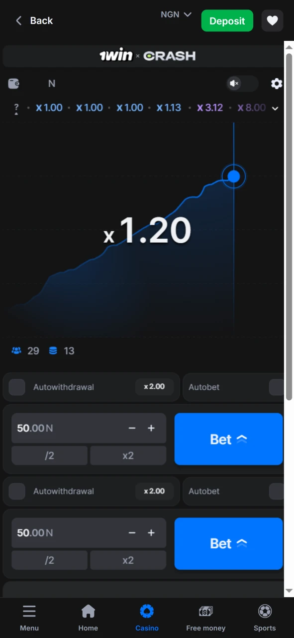 Start playing Crash from 1win.