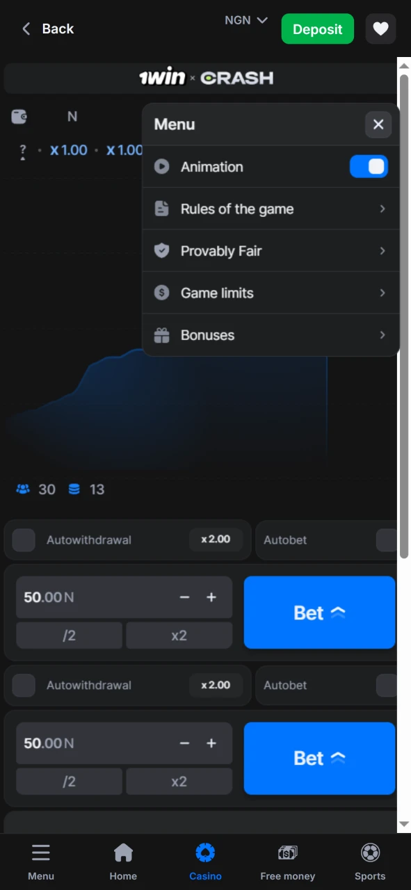 Use the game menu functionality Crash from 1win.