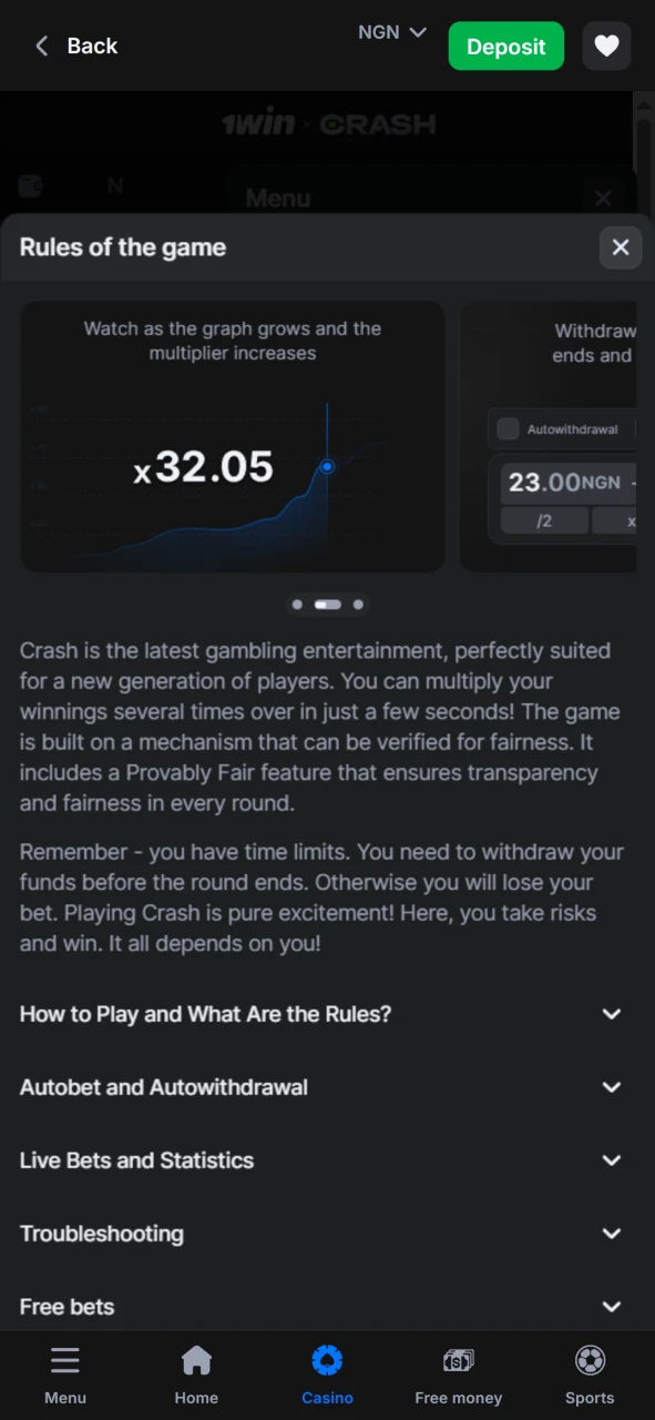 In the Crash game you can find the rules for winning at 1 win.