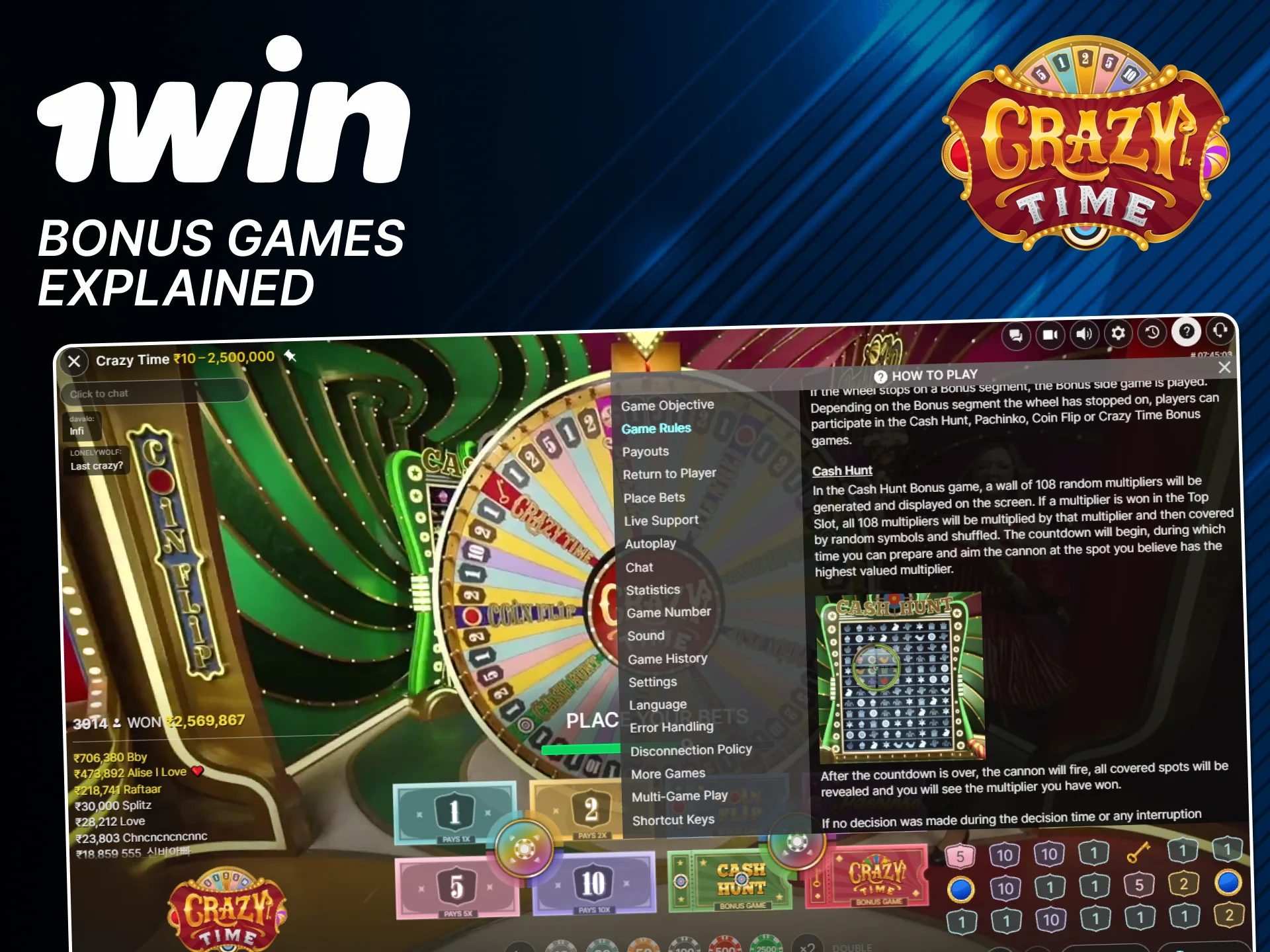 Explore official 1win Crazy Time bonus game features.