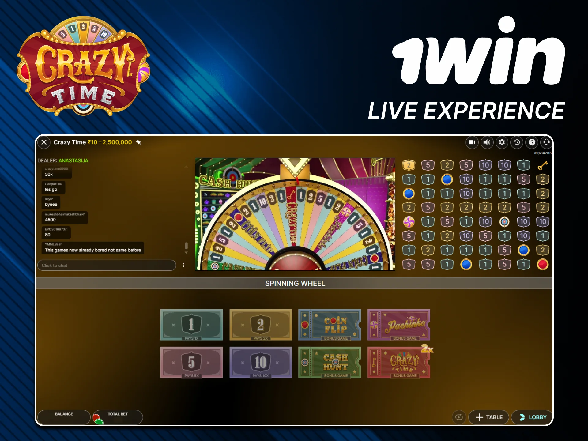 Watch official 1win Crazy Time live streams here.