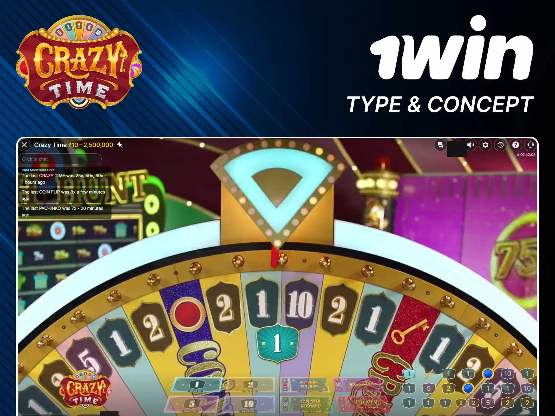 Learn the official 1win Crazy Time game concept.