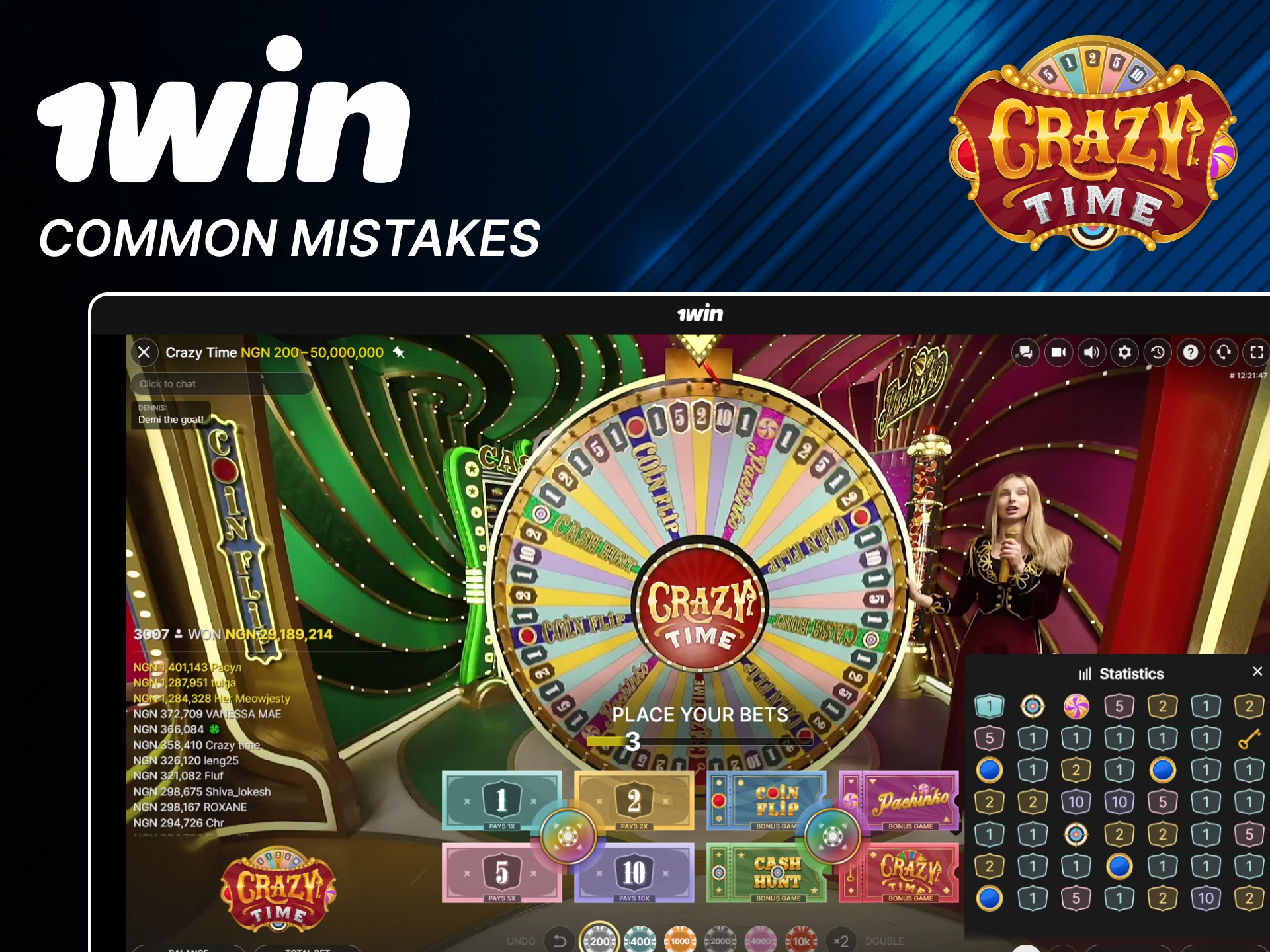 Here's a list of mistakes for beginners to avoid in the Crazy Time game from 1win.