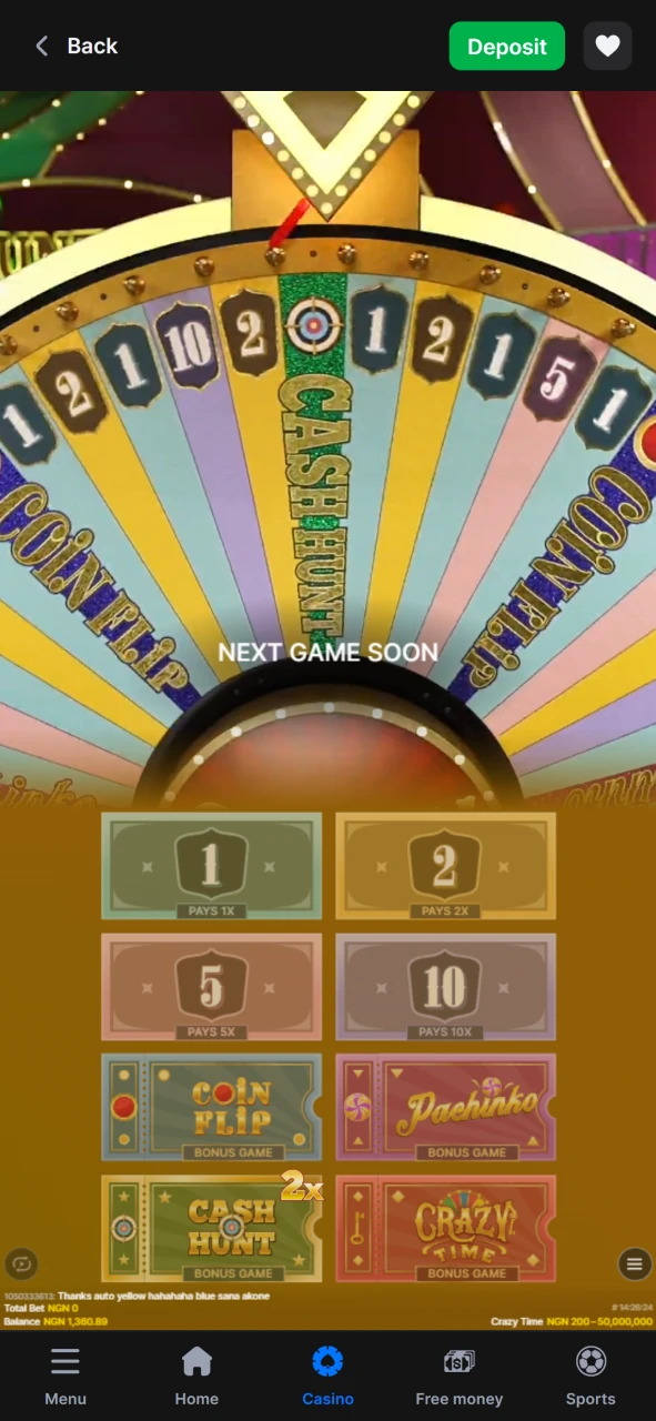 Start playing the game Crazy Time from 1win.