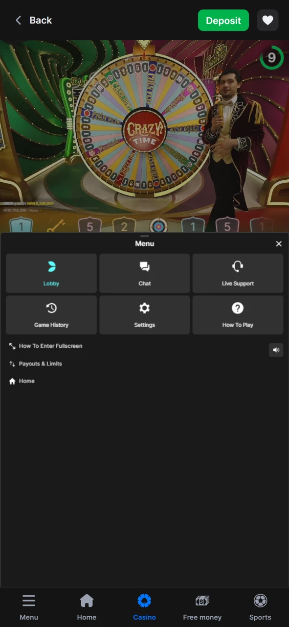 Use the Crazy Time game menu from 1win as intended.