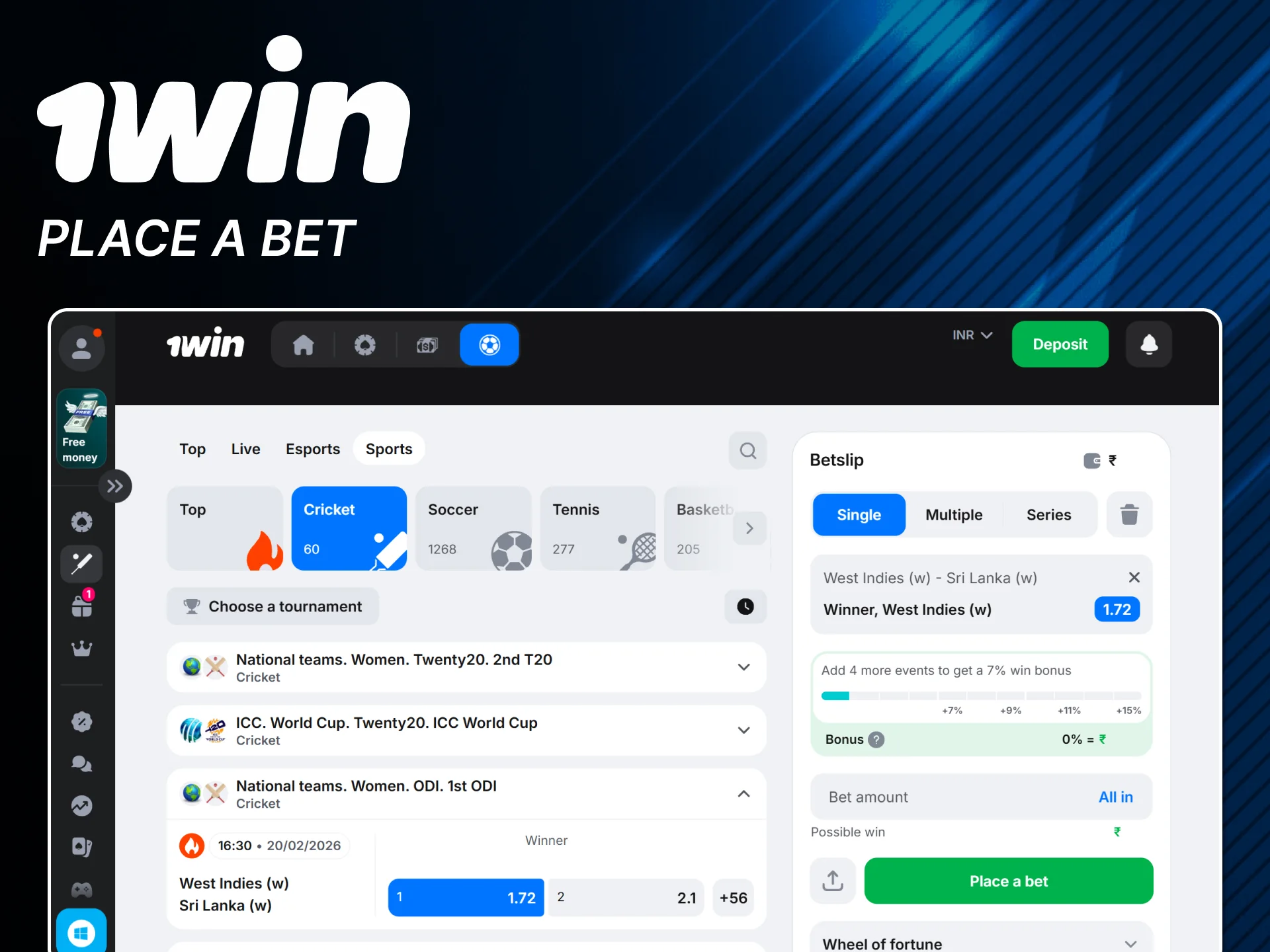 Place your cricket bets on official 1win website.