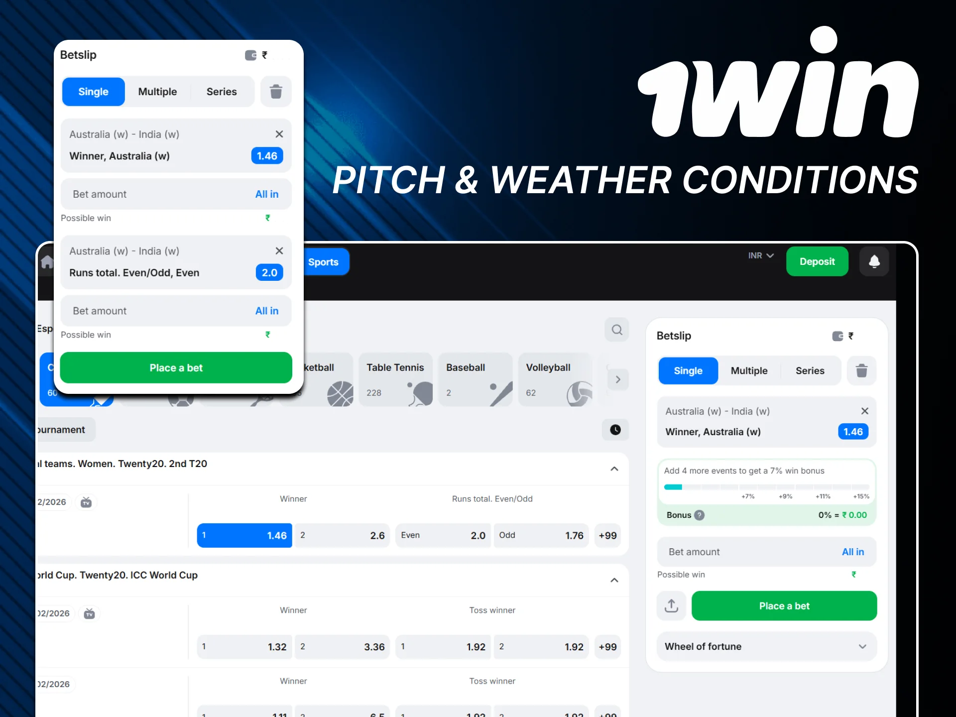 Check pitch and weather on official 1win website.