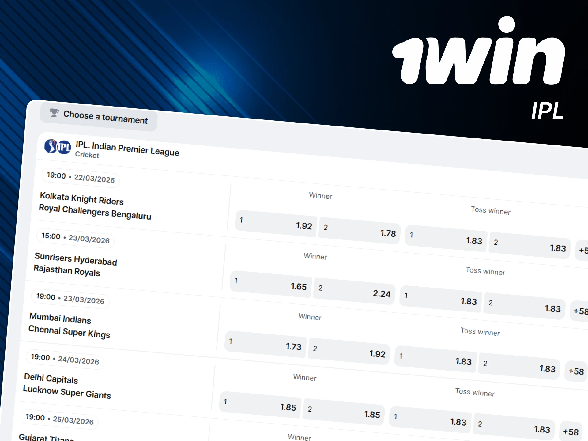 IPL events are available for cricket betting from 1win.
