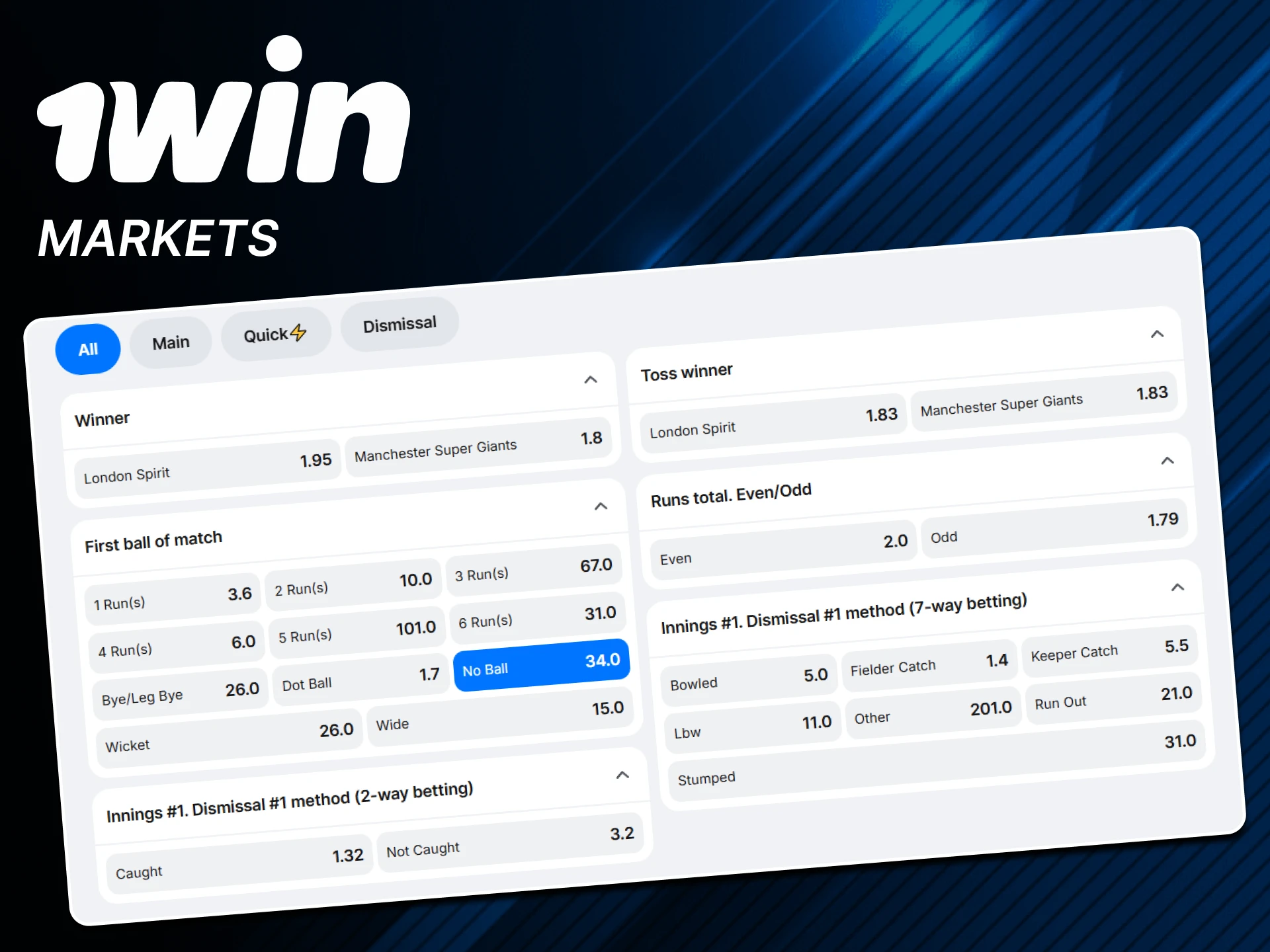 Choose a cricket betting market from 1win.