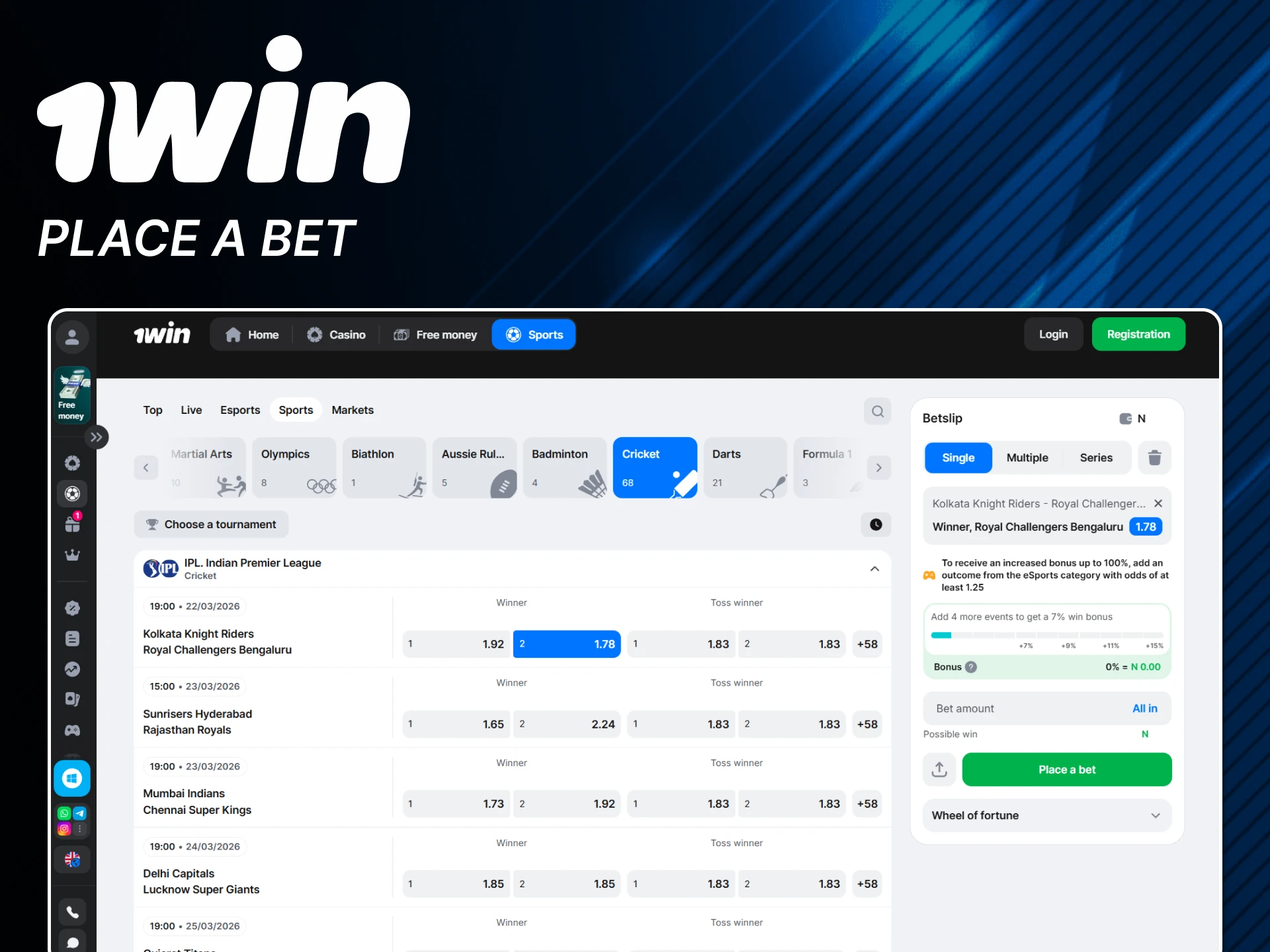 Go to the sports section of the 1win website for cricket betting.