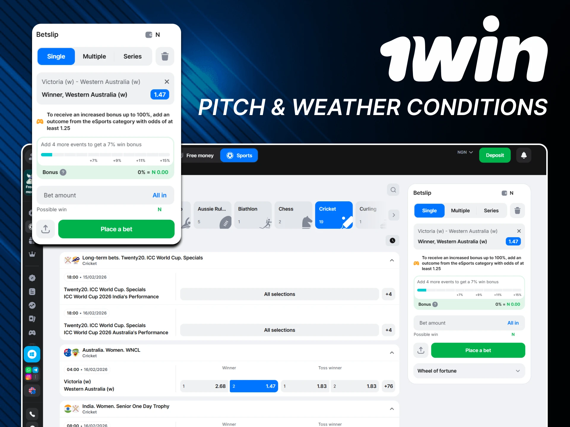 Pay attention to weather conditions when betting on cricket on the 1win website.