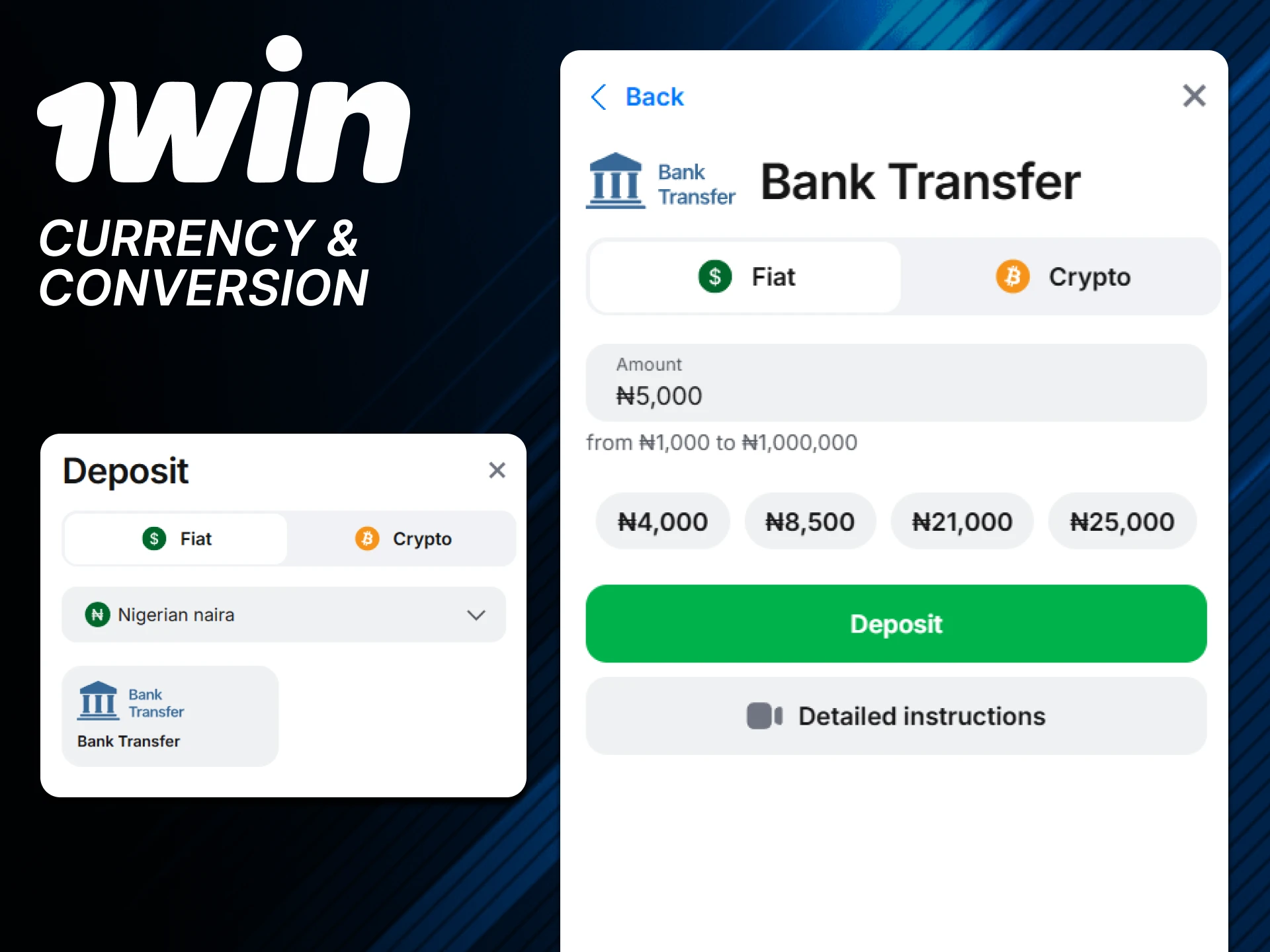 Currency conversion when replenishing a deposit is performed automatically at 1win.